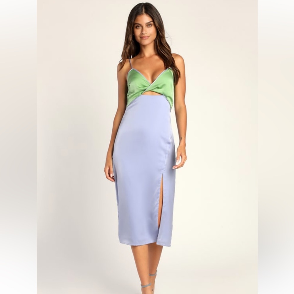 Perfect Pairing Light Blue Colorblock Satin Cutout MIDI Dress